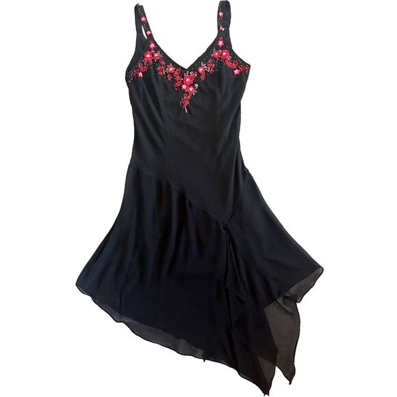 Y2K Slip Midi Dress Embroidered Beaded Fishtail Fairy Grunge Romantic Goth - Picture 1 of 16